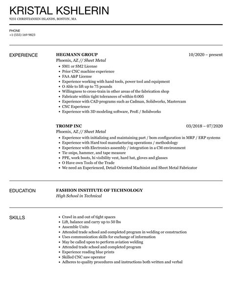 sheet metal engineer resume skills